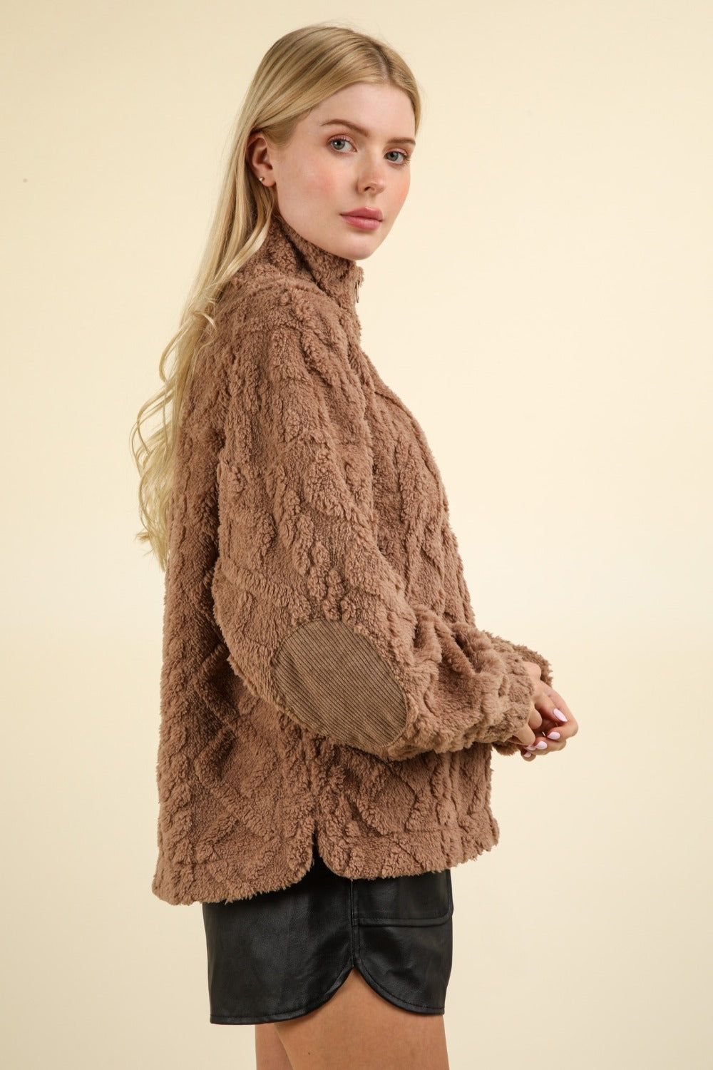 Mocha Very J Fuzzy Fleece Half Zip Cable Pattern Sweatshirt 2