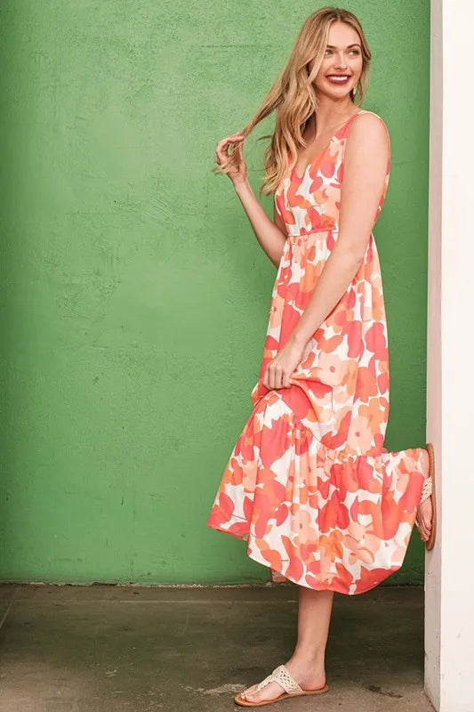 Orange Lime N Chili Sleeveless Floral Print V Neck Midi Dress 1