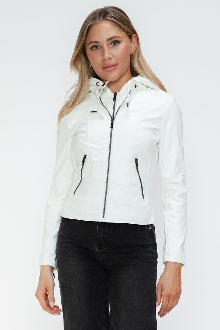 White Snobbish Faux Leather Zip Up Drawstring Hooded Jacket 3