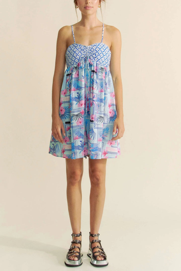 Davi Dani Tropical Floral Geo Print Tie Back Tube Top Romper