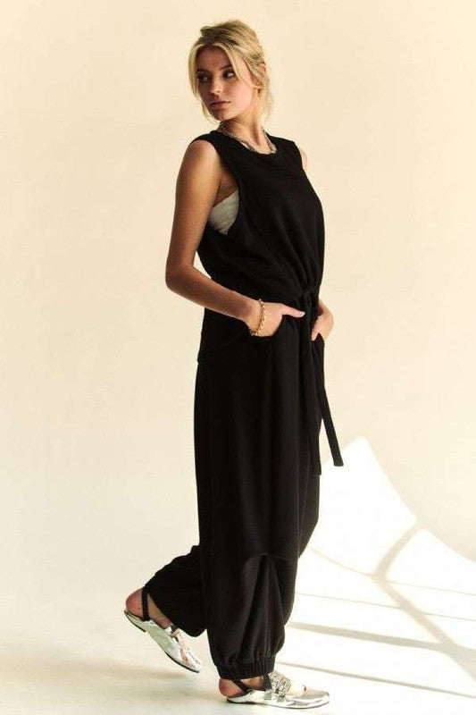 Black Davi Dani Drawstring Hem Round Neck Tank And Pants Set 2
