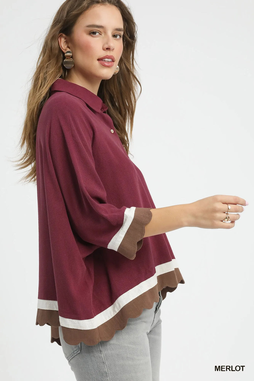 Merlot Umgee Colorblock Button Down Shirt With Scallop Hem