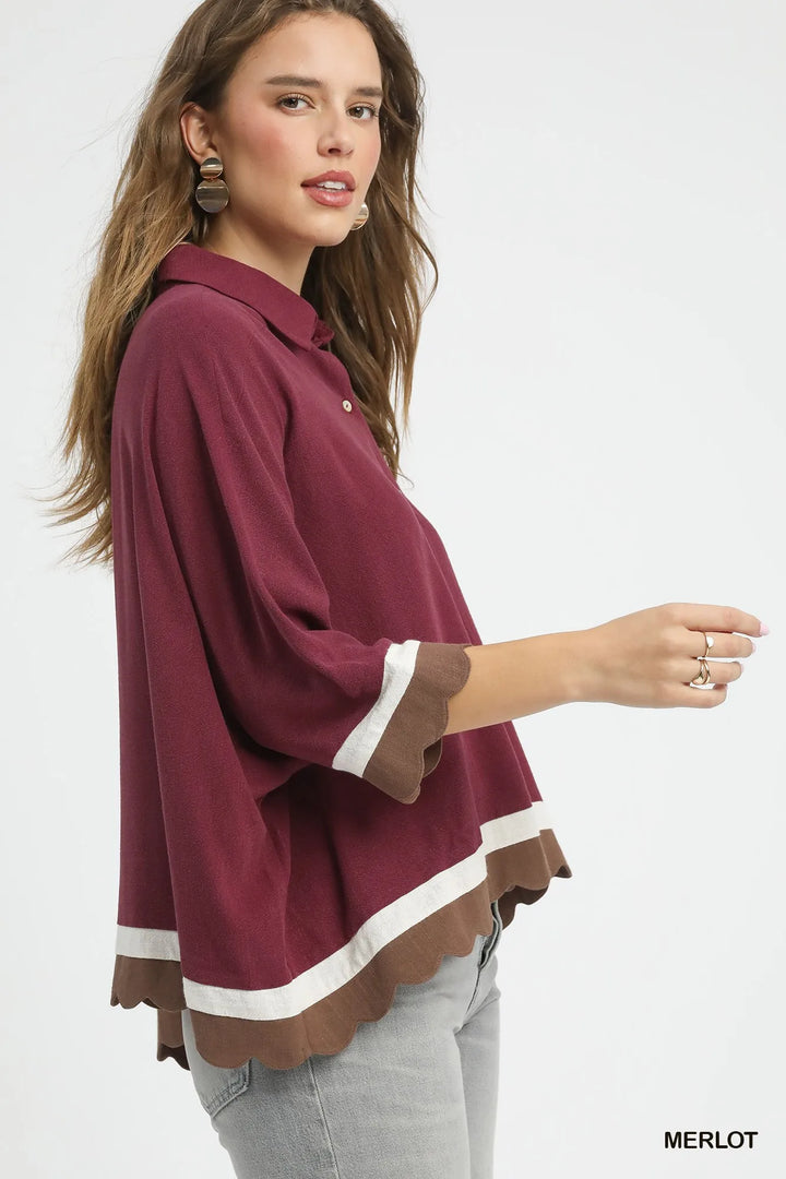 Merlot Umgee Colorblock Button Down Shirt With Scallop Hem