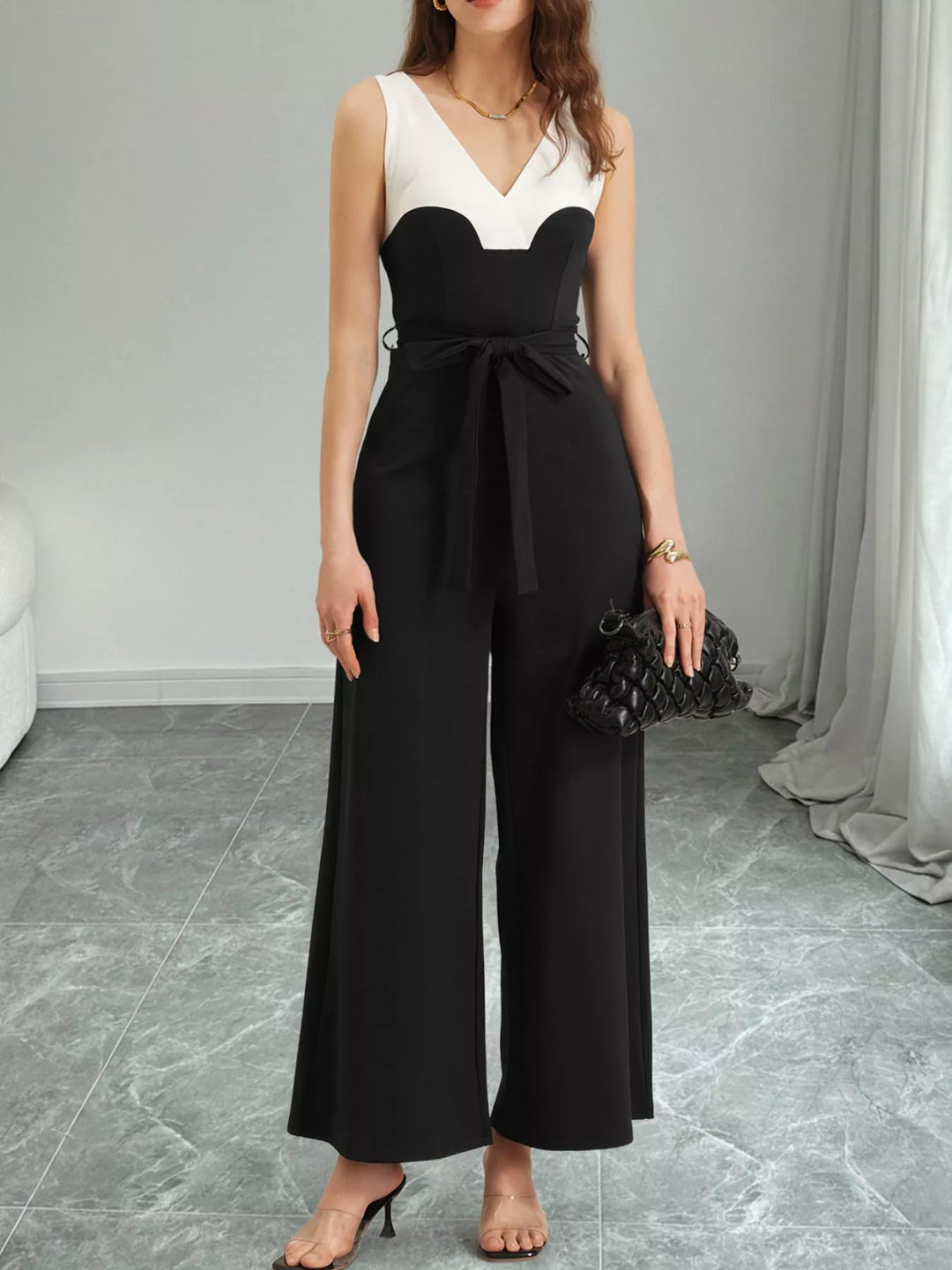 Black Color Block Wide Leg Jumpsuit