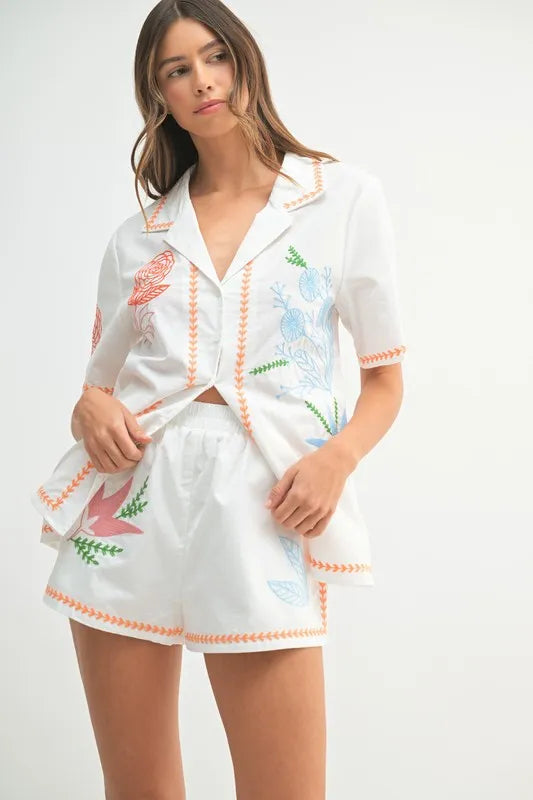 Orange Mable Embroidered Button Down Shirt And Shorts Set