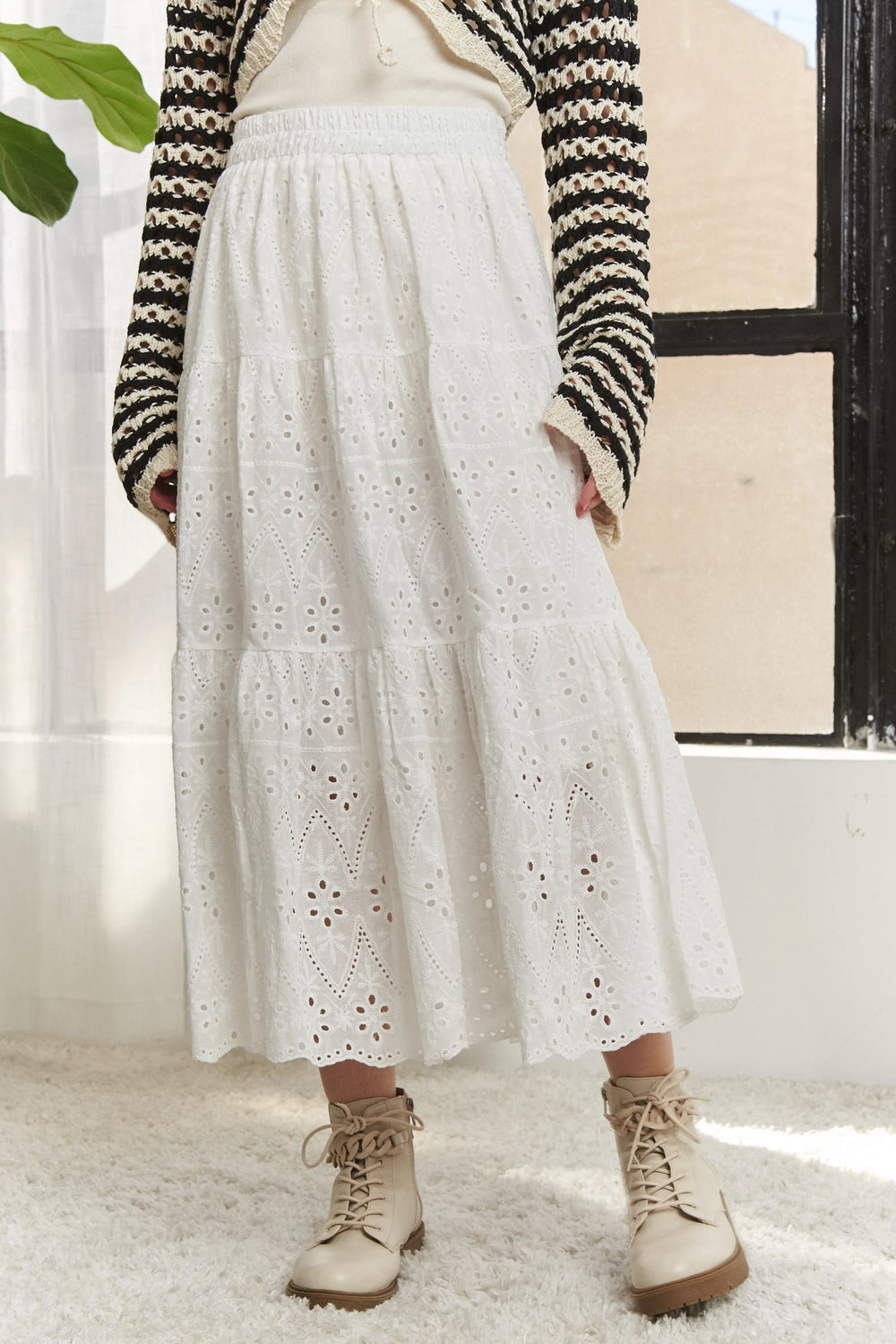 White Adora Elastic Waistband Tiered Midi Skirt 3