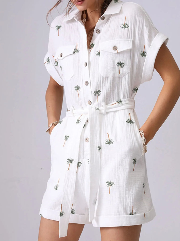 White Palm Tree Print Short Sleeve Button Up Romper With Belt