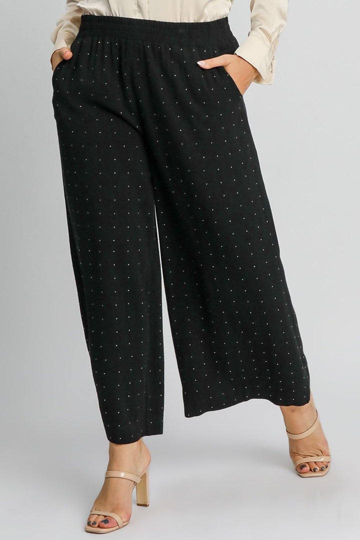 Black Umgee Full Size High Waisted Embellished Linen Pants Plus Size