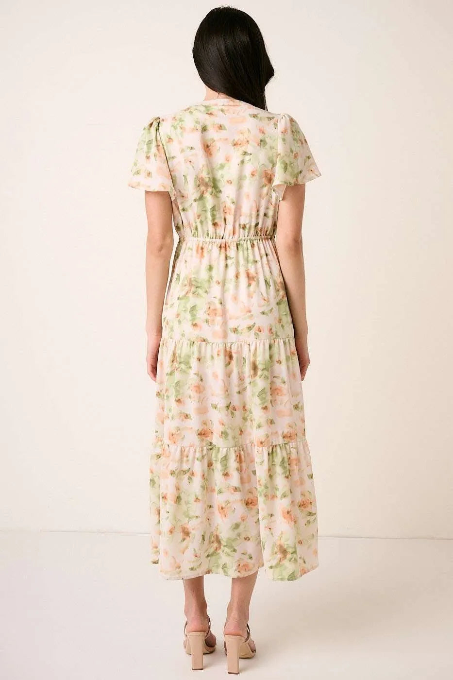 Mittoshop Flower Print Flutter Sleeve V Slit Maxi Dress 1
