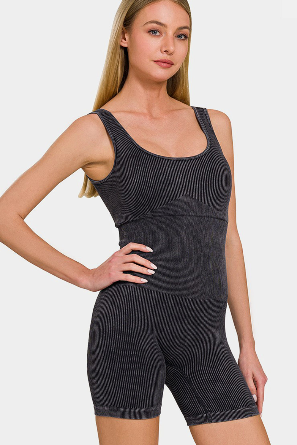 Black Zenana Washed Ribbed Romper With Pad