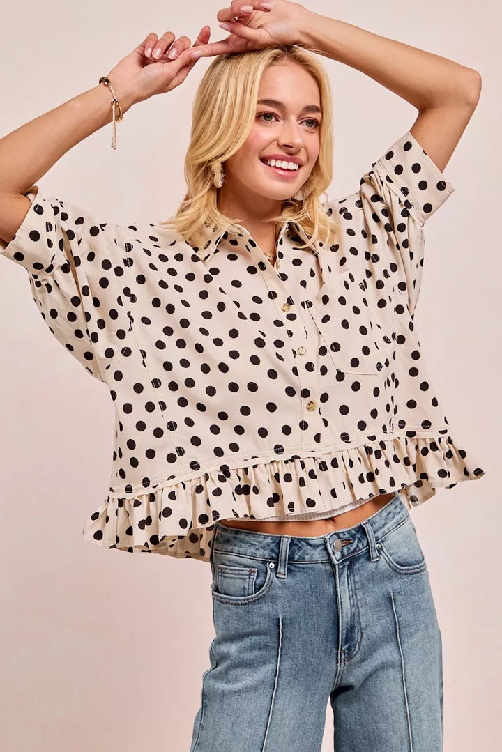 Bibi Polka Dot Printed Peplum Top With Front Button