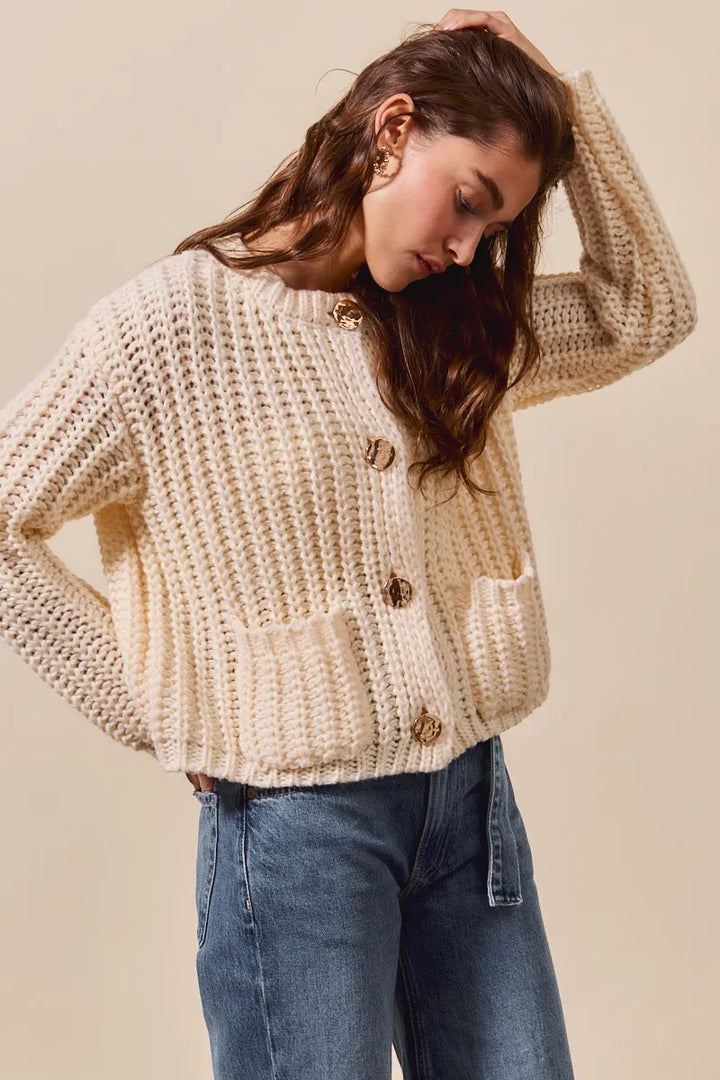 Cream So Me Metal Button Long Sleeve Chunky Sweater Cardigan