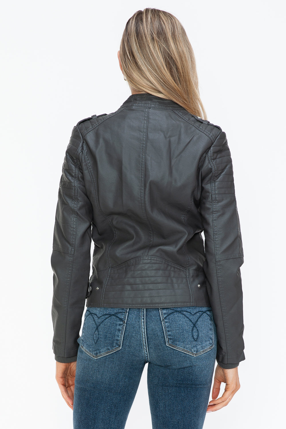 Charcoal Snobbish Pu Leather Biker Jacket With Side Zip Pockets