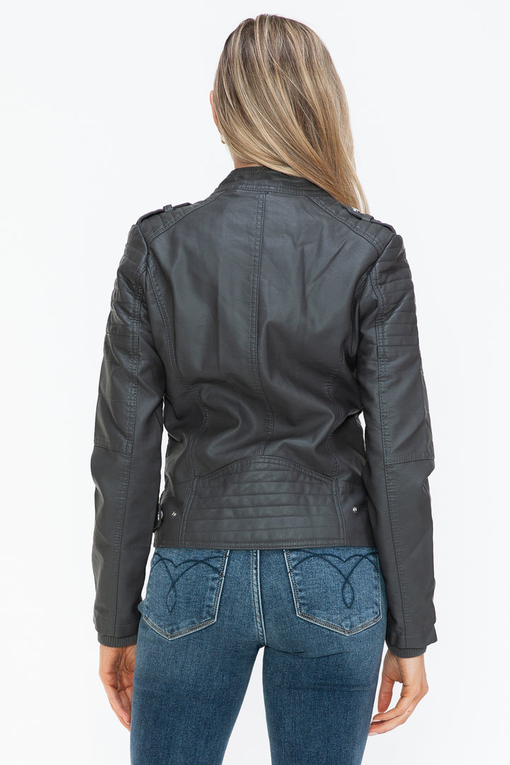 Charcoal Snobbish Pu Leather Biker Jacket With Side Zip Pockets