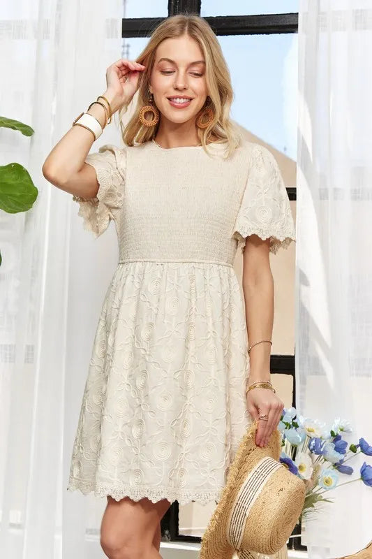 Beige Adora Rround Neck Crinkle Babydoll Dress