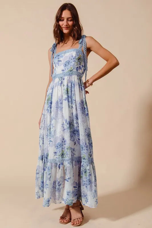 So Me Floral Print Flowy Maxi Dress With Lace Ribbon Tie