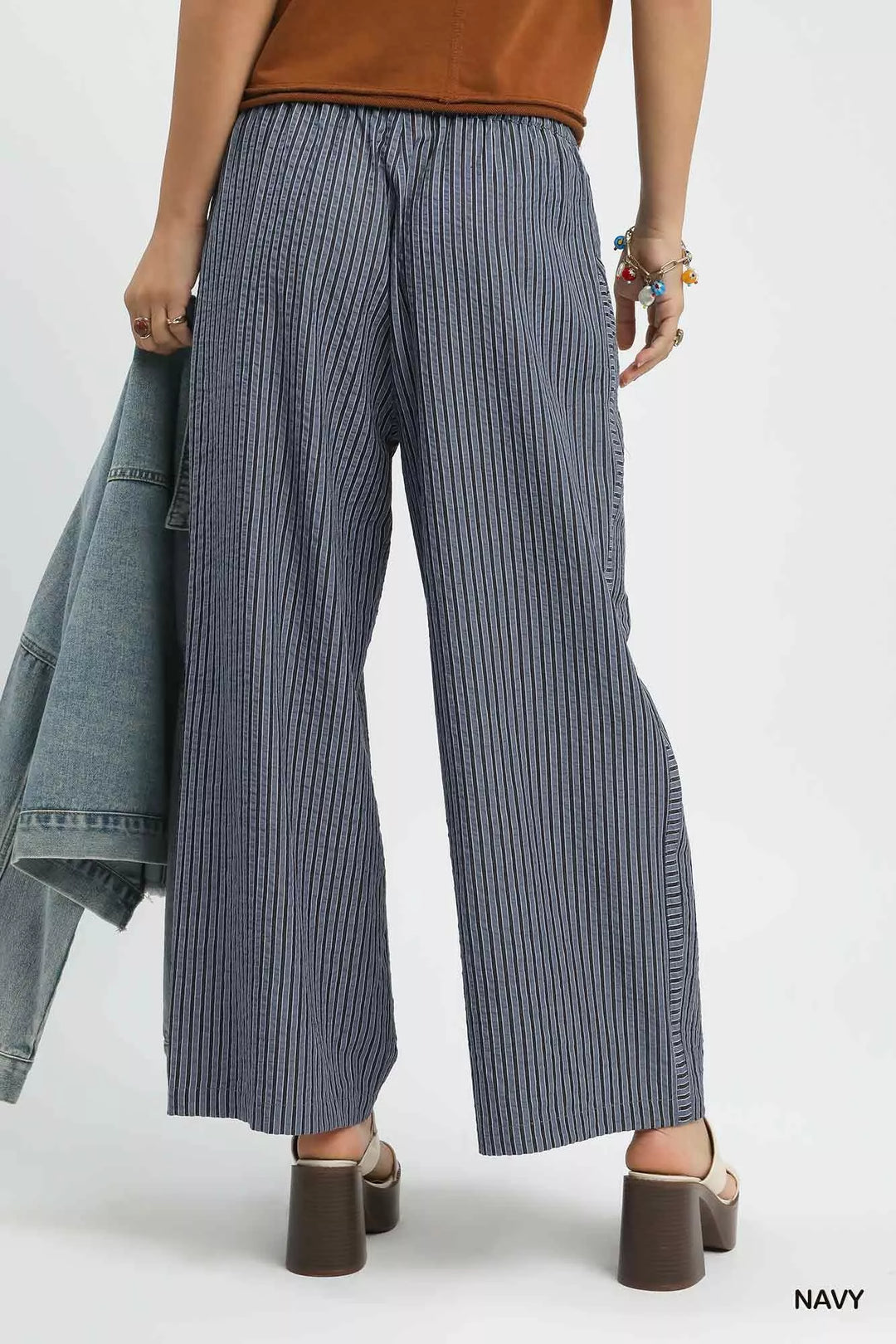 Navy Umgee Drawstring Striped Wide Leg Pants