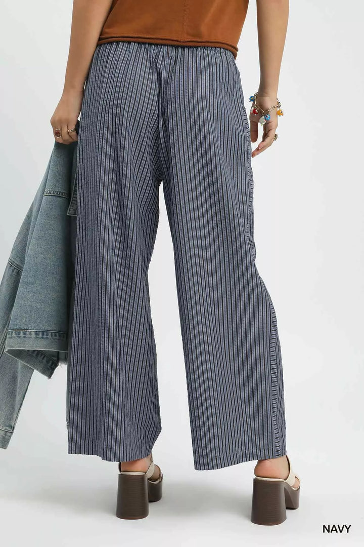 Navy Umgee Drawstring Striped Wide Leg Pants
