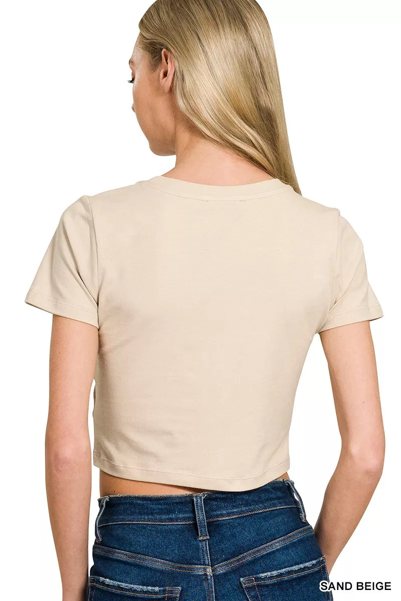 Sand Beige Zenana Cotton Short Sleeve Round Neck Cropped Top