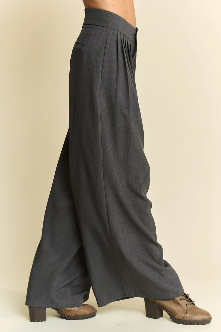 Grey Davi Dani Solid Back Pocket Shirring Detail Wide Leg Pants
