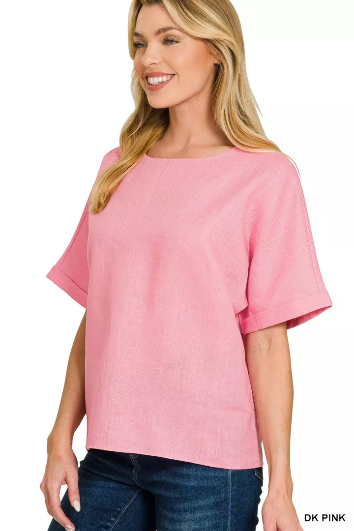 Dk Pink Zenana Linen Round Neck Cuffed Sleeve Top 2
