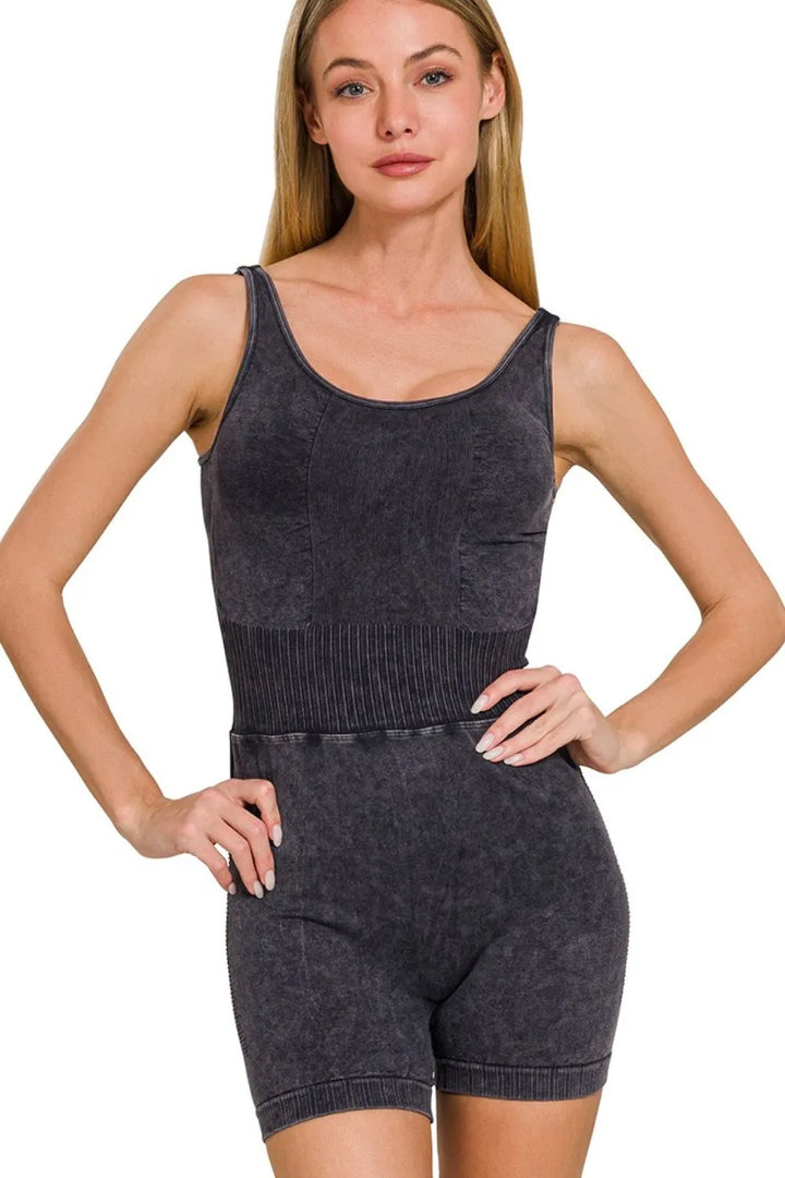 Black Zenana Washed Sports Romper With Removable Bra Pad