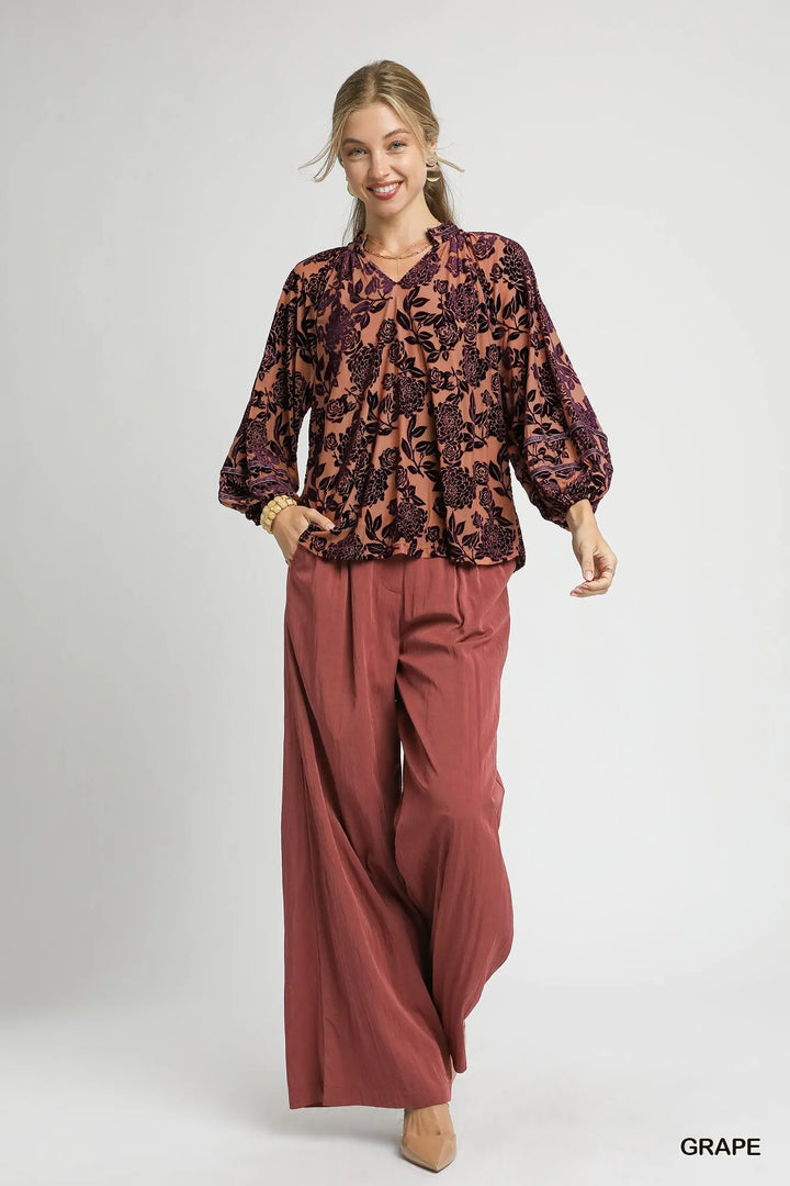 Umgee Floral Velvet Blouse With Balloon Sleeves 1