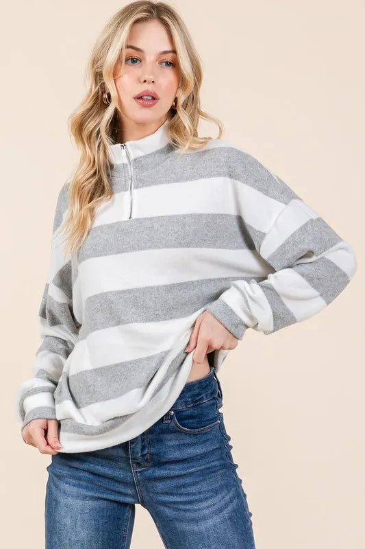 Light Gray Bombom Striped Quarter Zip Drop Shoulder Sweatshirt