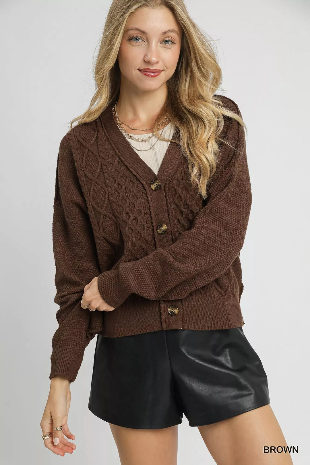Brown Umgee Chunky Cable Knit V Neck Button Up Cardigan