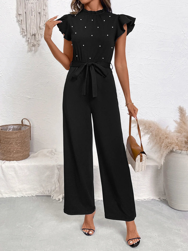 Black Pearl Detail Ruffled Cap Sleeve Jumpsuit