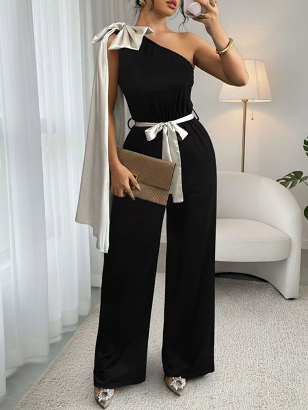 Black One Shoulder Bowknot Wide Leg Jumpsuit