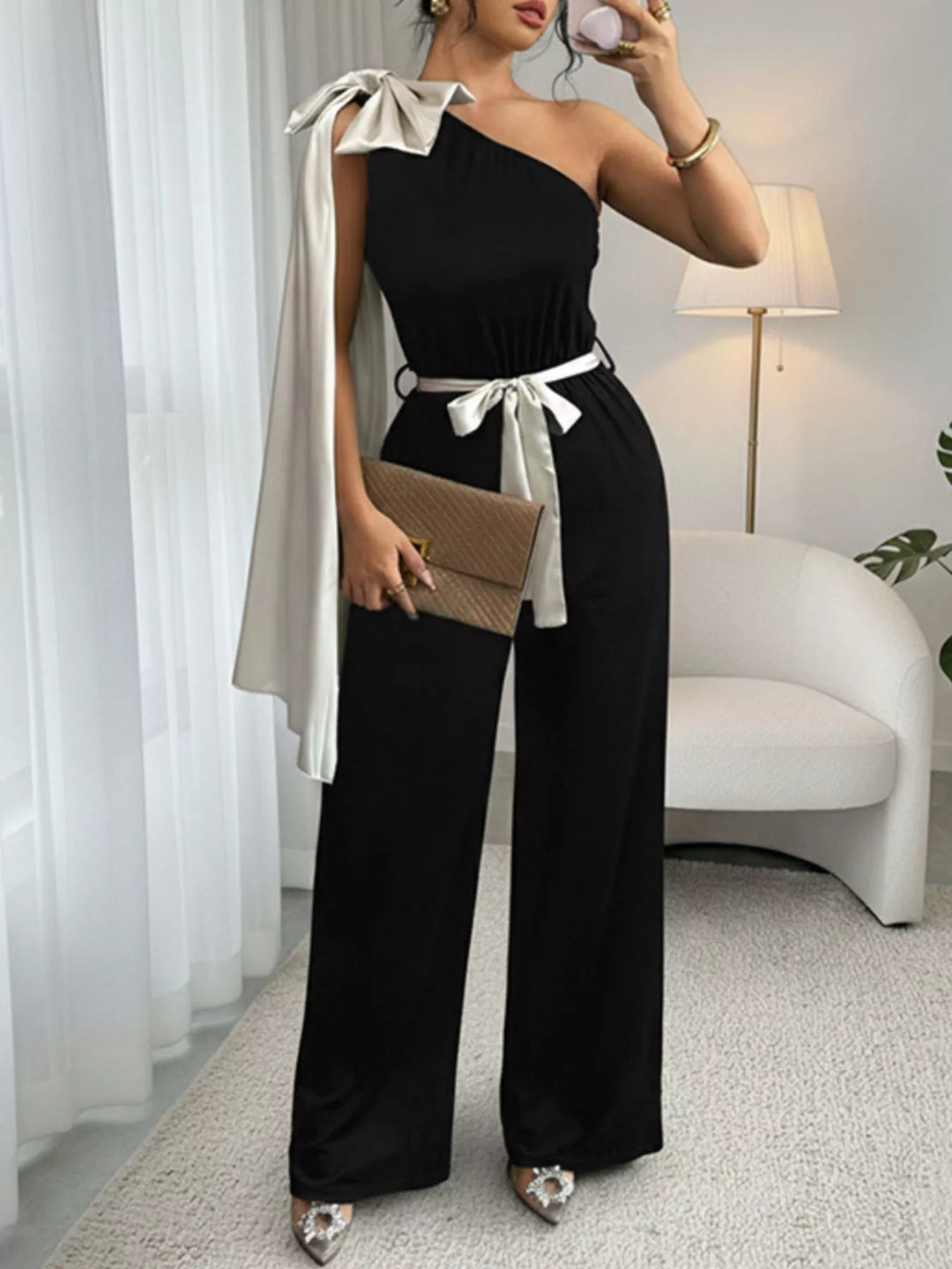 Black One Shoulder Bowknot Wide Leg Jumpsuit