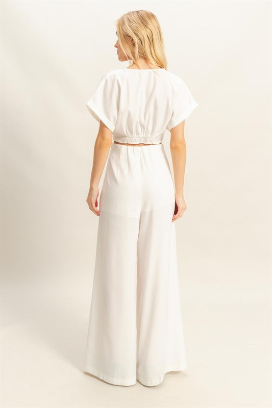Off White Hyfve Twisted Front Short Sleeve Top And Wide Leg Pants Set