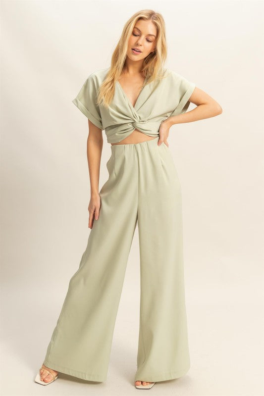 Sage Hyfve Twisted Front Short Sleeve Top And Wide Leg Pants Set 1