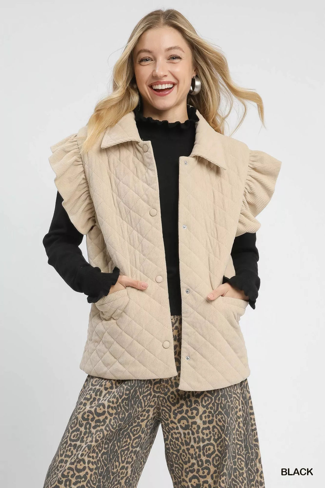 Umgee Ruffle Mock Neck Puff Sleeve Sweater