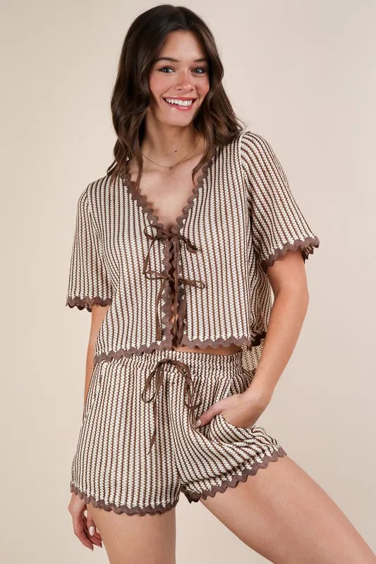 Taupe Very J Wave Trim Detail Knit Top Shorts Set