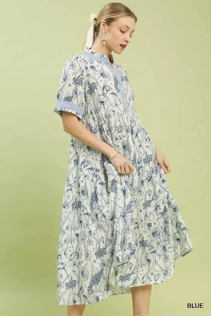 Blue Umgee Floral Tiered Midi Dress With Ruffle Trim