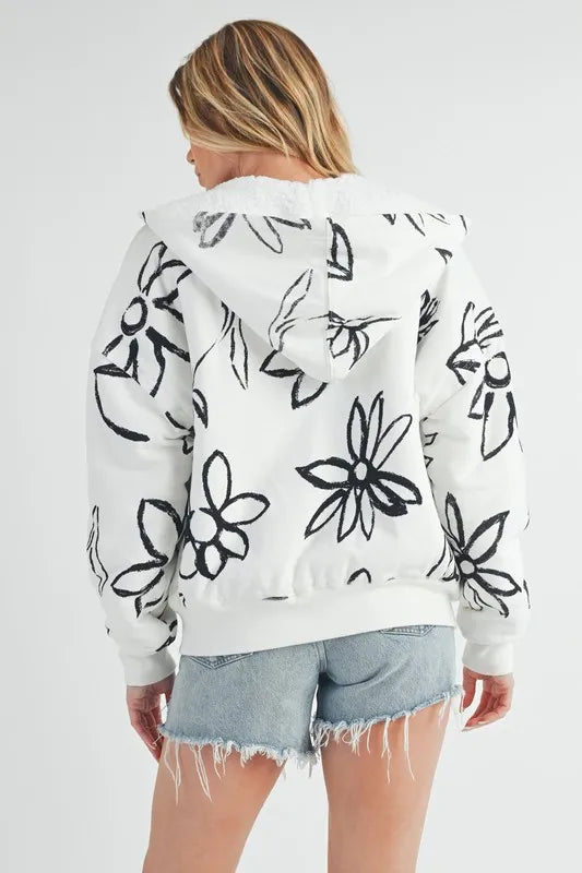 Aemi Co Flower Print Zip Up Sherpa Hoodie 1