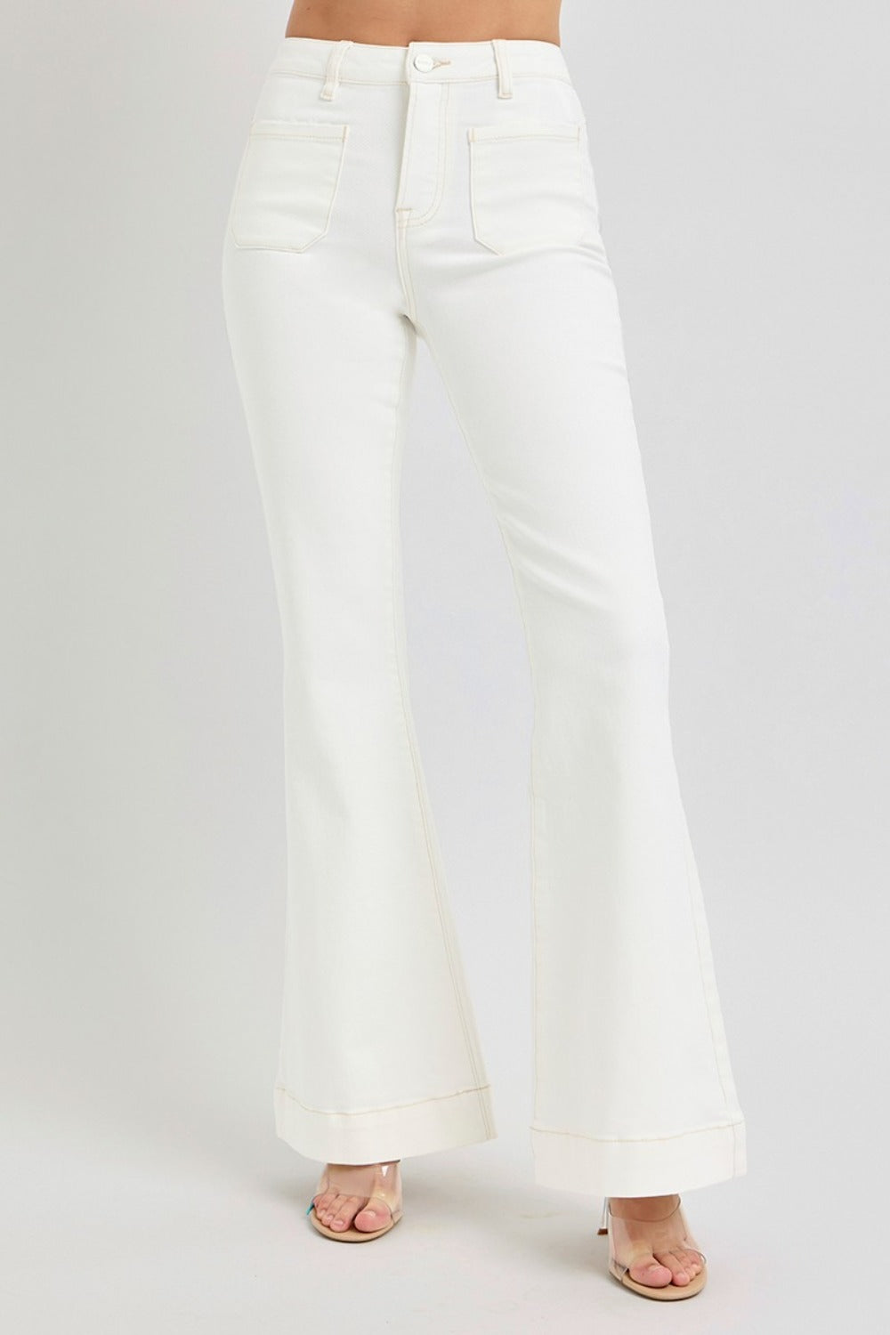 Cream Risen Full Size High Rise Front Patch Pocket Flare Jeans