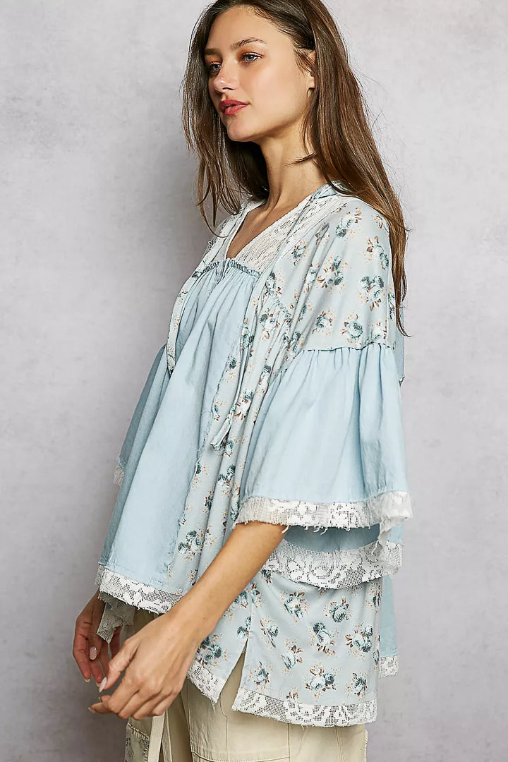 Denim Multi Pol Double Gauze Floral Patch Blouse With Lace Detail