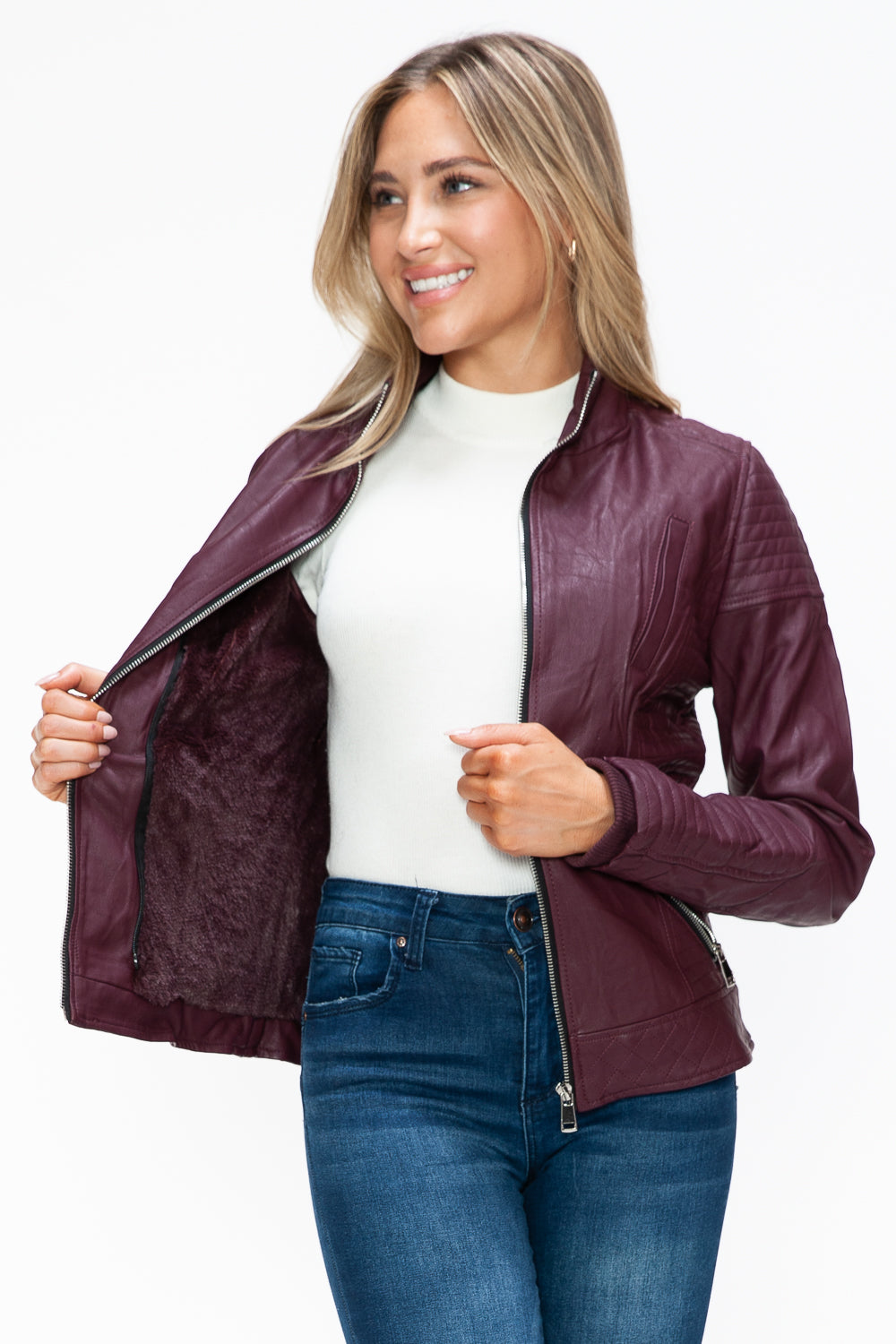 Ymi Faux Layered Double Zipper Jacket With Fuzzy Hood 1