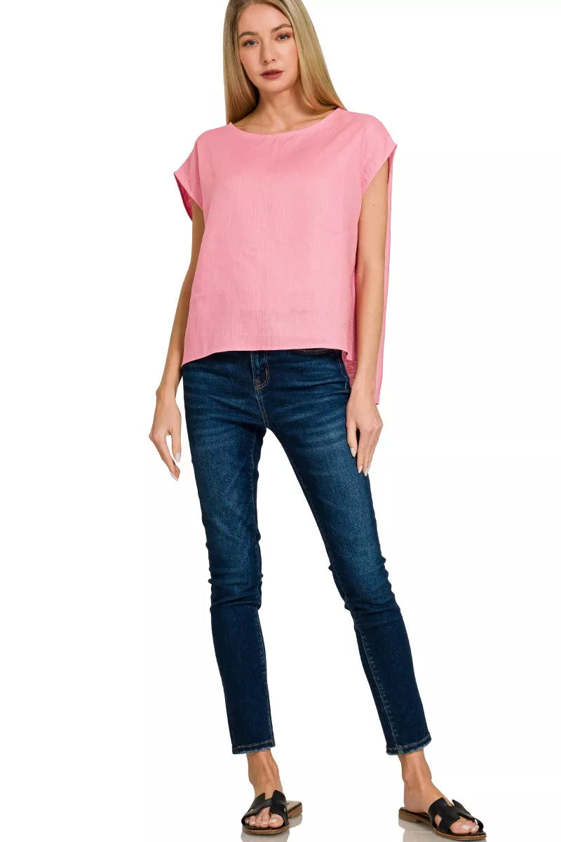 Dk Pink Zenana Linen Round Neck Cap Sleeve Top
