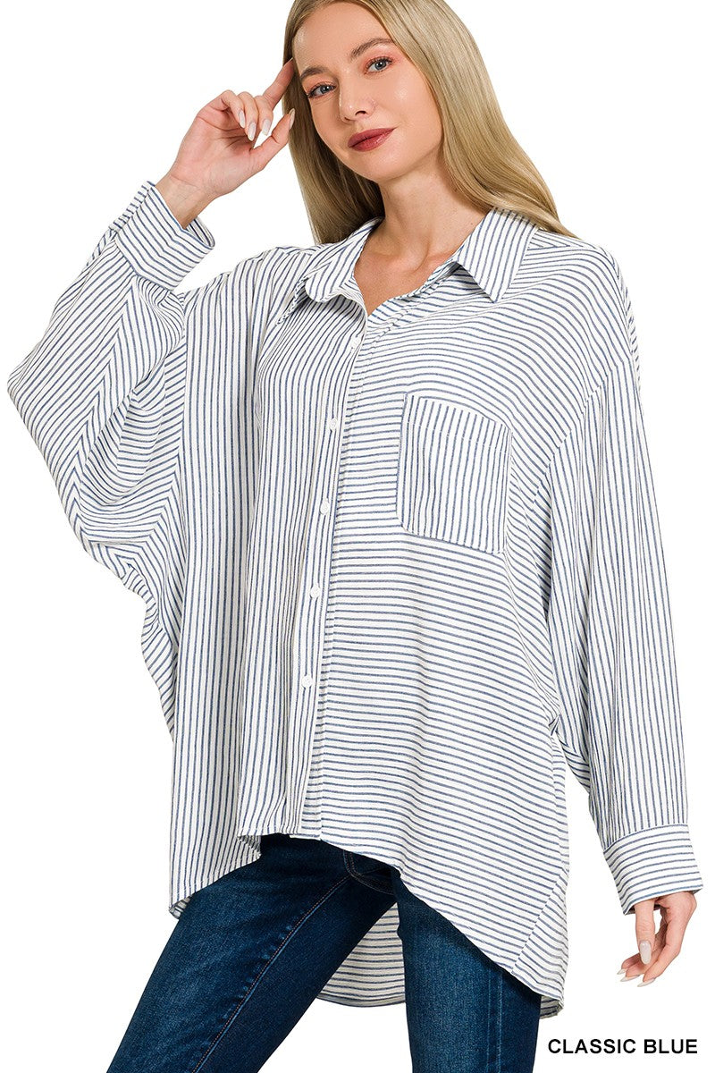 Classic Blue Zenana Woven Stripe Button Down Shirt