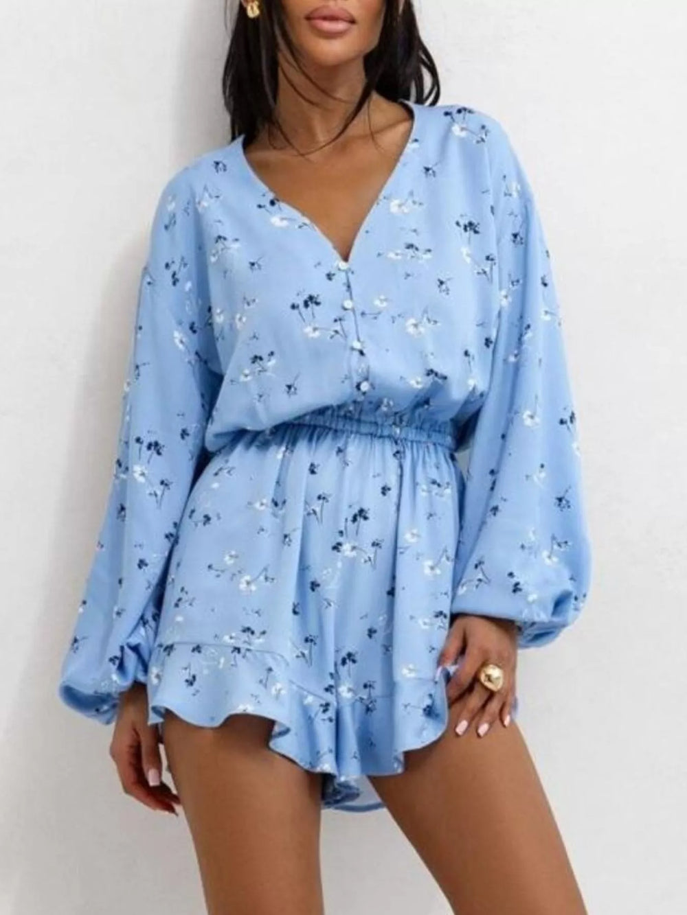 Blue Floral V Neck Long Sleeve Romper With Elastic Waist