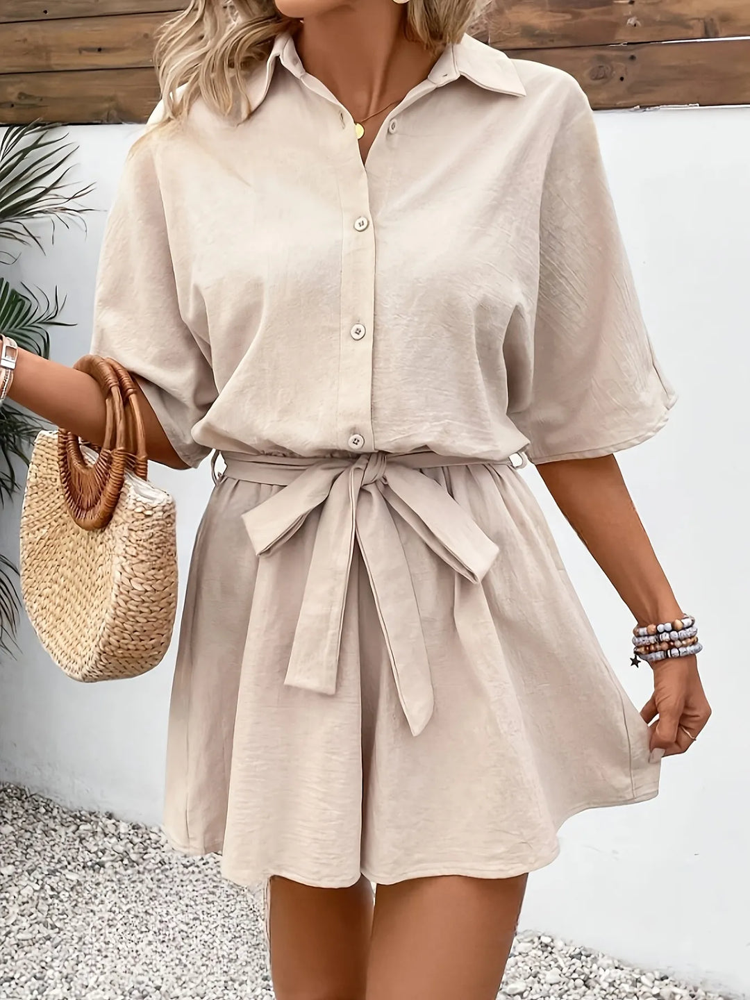 Khaki Button Front Tie Waist Romper