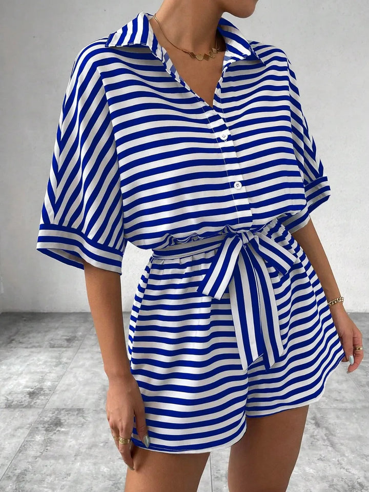 Royal Blue Tie Waist Half Button Striped Romper