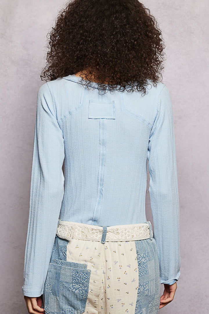 Pol V Neck Long Sleeve Ribbed Top With Lace Accent Neckband 2