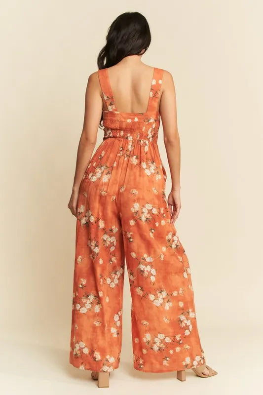 Orange Davi Dani Floral Ruffle Square Neck Smocking Bodice Jumpsuit