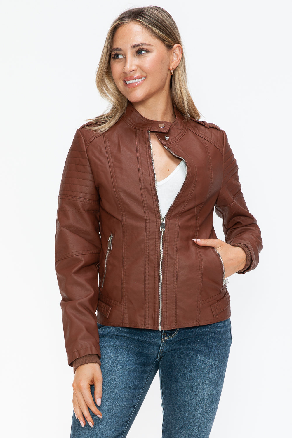 Snobbish Pu Leather Biker Jacket With Side Zip Pockets 4
