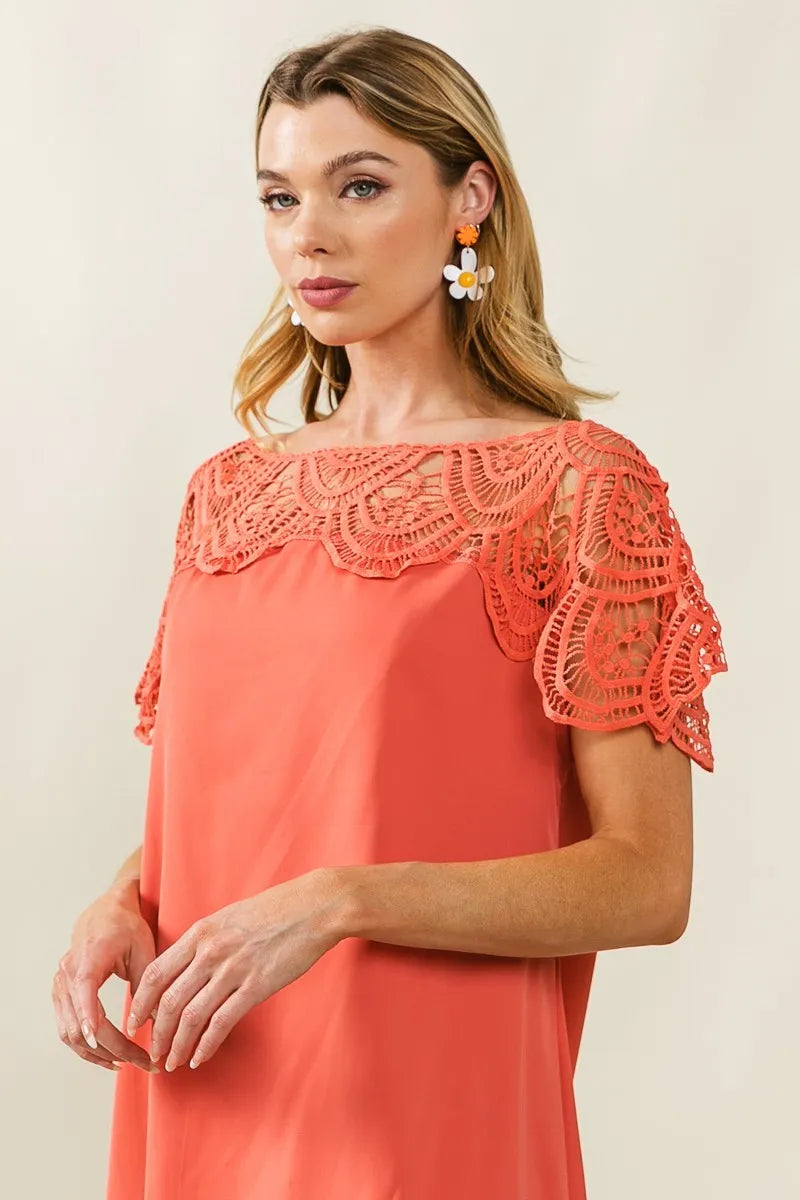 Apricot Bibi Crochet Lace Yoke Detailed Wrinkled Dress